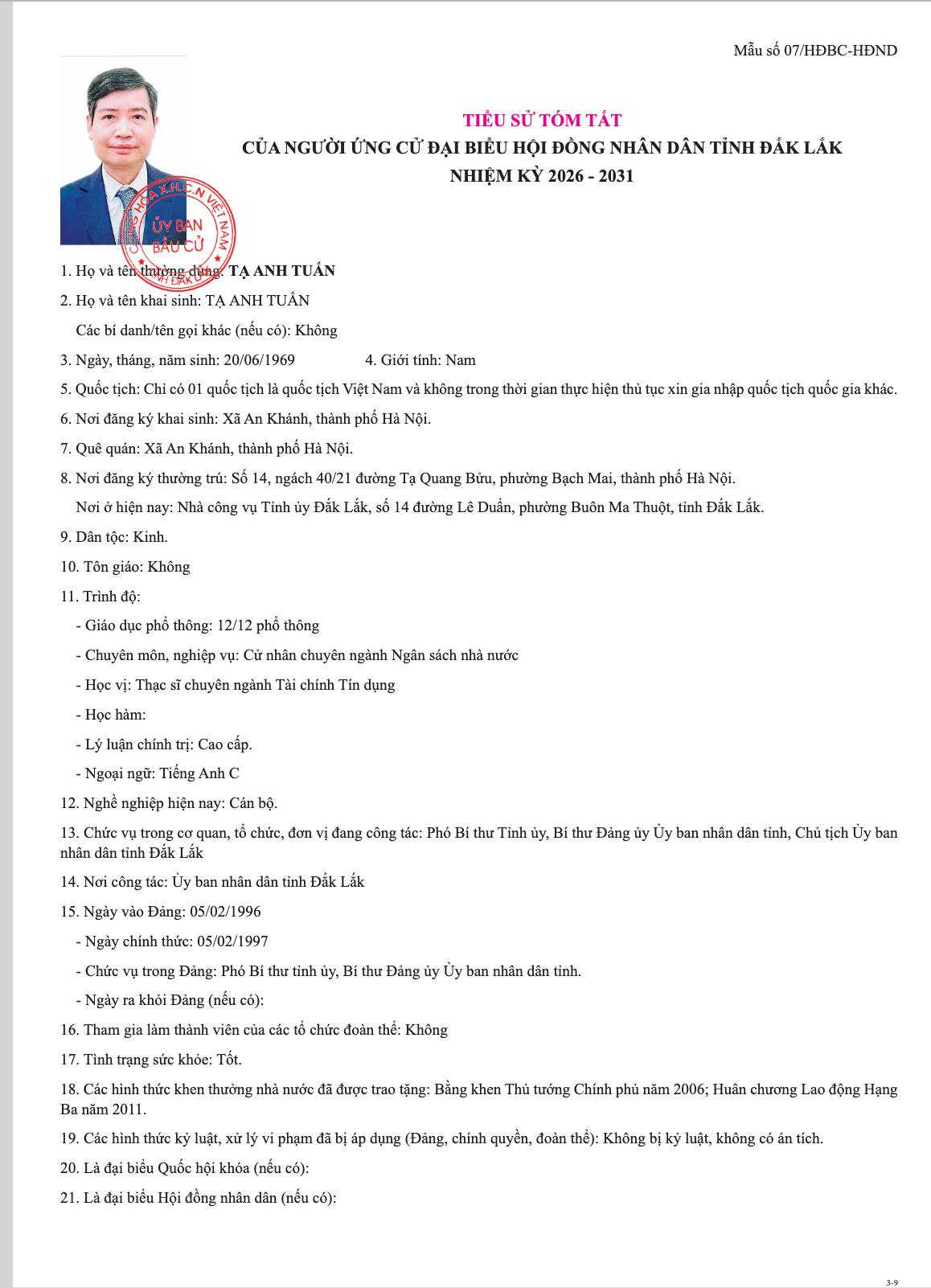 Tiểu sử tóm tắt ứng cử Đại biểu HĐND tỉnh Đắk Lắk nhiệm kỳ 2026 – 2031: Chủ tịch UBND tỉnh Tạ Anh Tuấn